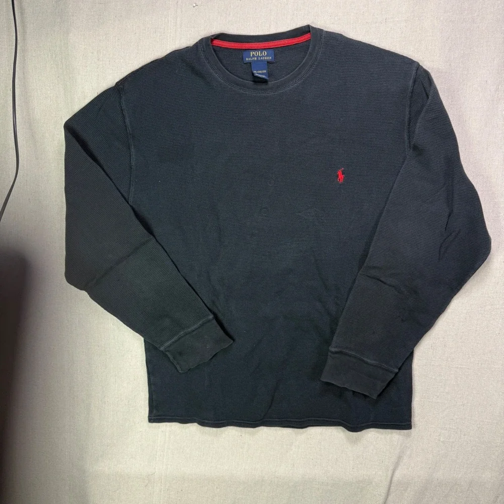 Polo Ralph Lauren Mens 2XL Black Waffle Knit Thermal Long Sleeve Shirt Red Pony